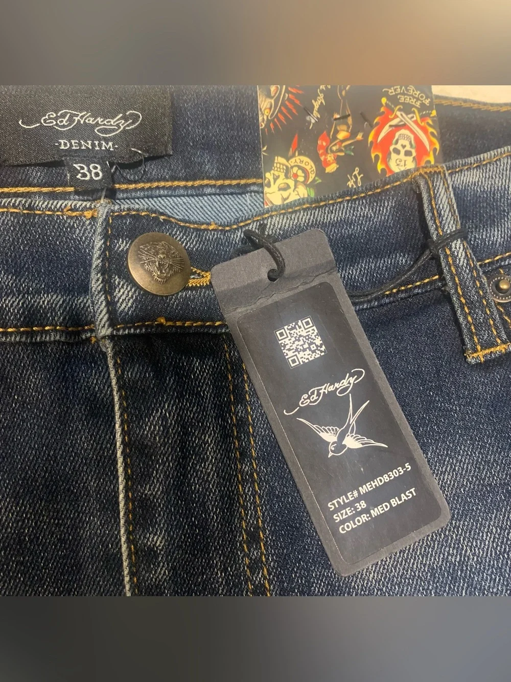 Ed Hardy Denim 5 Pocket Jeans Iconic Tattoo Inspired Panther & Cheetah Size 38